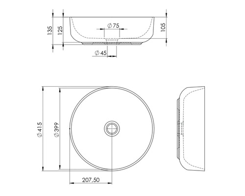 Teknisk ritning av ett runt tvättställ för bänkmontage med måttangivelser