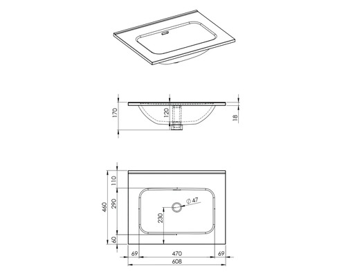 Teknisk ritning av ett tvättställ med mått