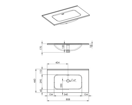 Teknisk ritning av ett tvättställ med mått