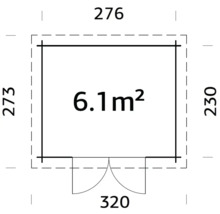 Planritning av ett trädgårdshus med en yta på 6,1 kvadratmeter och måtten 276 gånger 230 gånger 320 gånger 273 centimeter.