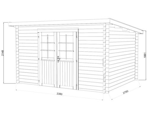 Illustration av ett trädgårdshus med dubbeldörr och måttangivelser.