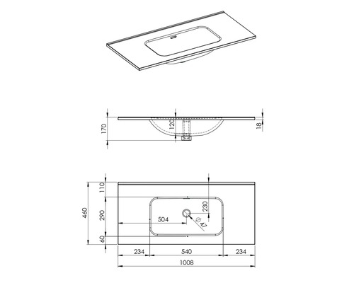 Teknisk ritning av ett tvättställ med mått