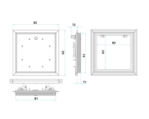 Teknisk ritning av en inspektionslucka med måttangivelser