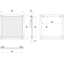 Teknisk ritning av en inspektionslucka med olika måttangivelser.