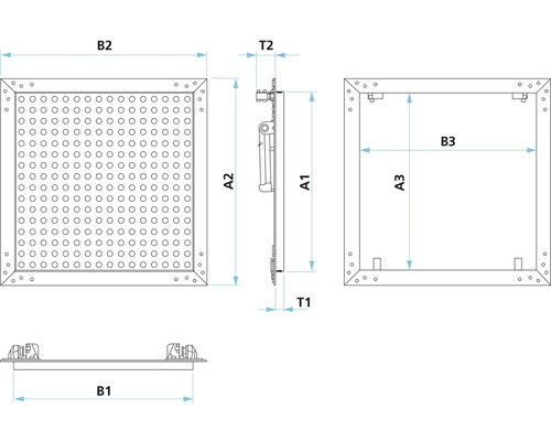 Teknisk ritning av en inspektionslucka med olika måttangivelser.