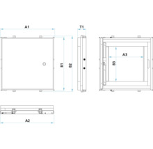 Teknisk ritning av en inspektionslucka med dimensioner