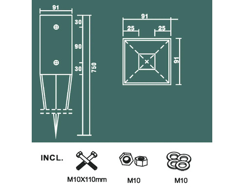 Teknisk ritning av en stolpsko med mått och detaljer om de medföljande skruvarna och muttrarna