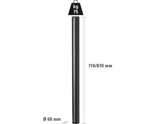 Stolpe med en diameter på 60 mm, en längd på 710/870 mm och en lastkapacitet på 75 kilogram