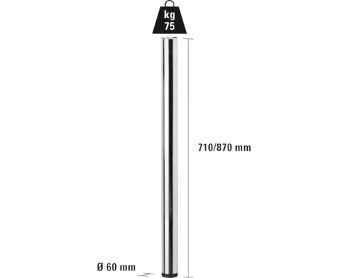 Bordsben av metall, diameter 60 millimeter, höjd 710 till 870 millimeter, lastkapacitet 75 kilogram