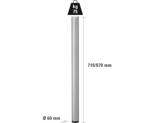 Bordsben i metall, diameter 60 millimeter, höjd 710 till 870 millimeter, lastkapacitet 75 kilogram