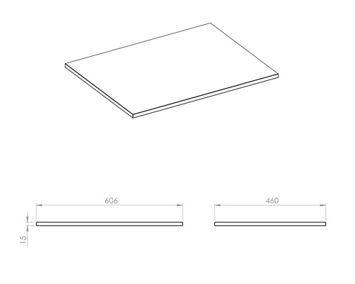Teknisk ritning av en platta med måtten 606 mm x 460 mm x 15 mm.