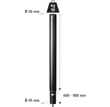 Svart stålrör med storleksangivelser: diameter 50 millimeter upptill, diameter 45 millimeter nedtill, längd 600 till 900 millimeter, maximal belastning 50 kilogram.