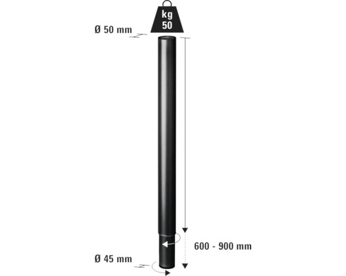 Svart stålrör med storleksangivelser: diameter 50 millimeter upptill, diameter 45 millimeter nedtill, längd 600 till 900 millimeter, maximal belastning 50 kilogram.