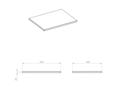 Teknisk ritning av en möbelpanel med måtten 606 x 460 x 20 millimeter.