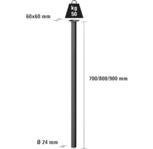 Stolpe med måtten 60 x 60 millimeter, 700/800/900 millimeter hög och 24 millimeter i diameter, maximal belastning 50 kilogram