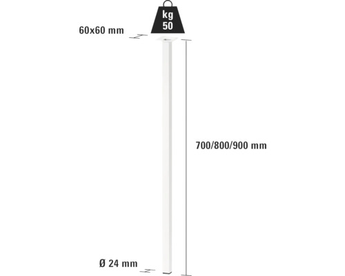 Teknisk ritning av ett metallrör med måtten 60x60 mm, diameter 24 mm och en längd på 700, 800 eller 900 mm, lastkapacitet 50 kg