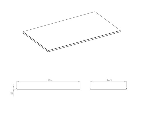 Ritning av en arbetsbänk med måtten 806 x 460 x 15 millimeter.