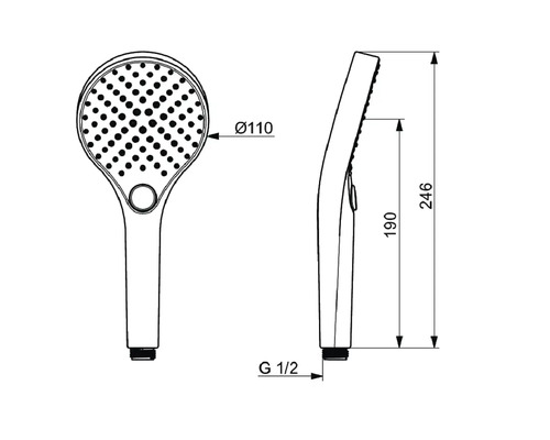 Teknisk ritning av en handdusch med mått