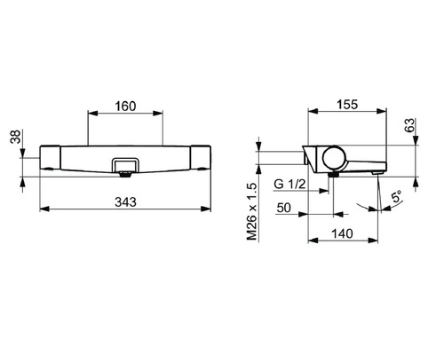 Teknisk ritning av en armatur med mått.