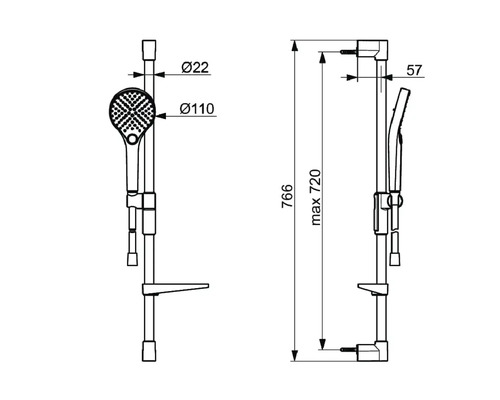 Teknisk ritning av en duschstång med handdusch och måttangivelser