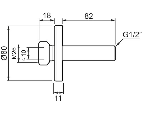 Teknisk ritning av en vägganslutning med måtten: diameter 80 mm, M26, diameter 10 mm, 18 mm, 11 mm, 82 mm, G 1/2 tum