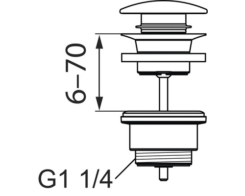 Ritning av en ventil med en höjd på 6 till 70 millimeter och en storlek på G1 1/4
