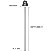 Teknisk ritning av ett bordsben med måtten 700, 800 och 900 millimeter och en lastkapacitet på 50 kilogram