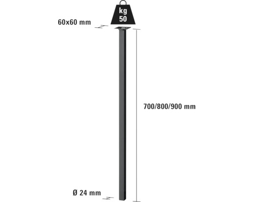 Teknisk ritning av ett fyrkantsrörstöd med måtten 60 x 60 millimeter, en höjd av 700, 800 eller 900 millimeter och en lastkapacitet på 50 kilogram.