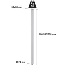 Teknisk ritning av ett bordsben med måtten 60 x 60 millimeter och en höjd av 700, 800 eller 900 millimeter. Bordsbenet har en diameter på 24 millimeter och kan belastas med upp till 50 kilogram.