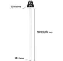 Teknisk ritning av en rund stång med måtten 60x60 mm, 700/800/900 mm längd och diameter 24 mm, lastkapacitet 50 kg