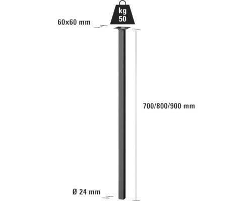 Ritning av en staketstolpe med måtten 60 x 60 mm och en längd på 700, 800 eller 900 mm