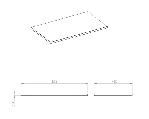 Teknisk ritning av en platta med måtten 806 x 460 x 20 millimeter.