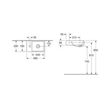 Teknisk ritning av ett tvättställ med måttangivelser