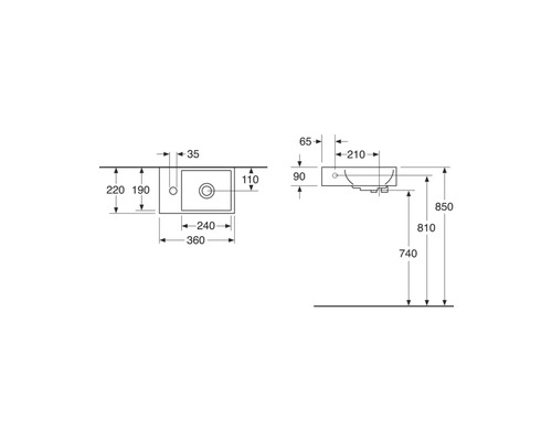 Teknisk ritning av ett tvättställ med måttangivelser
