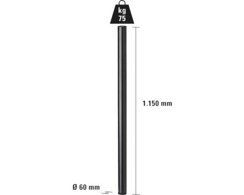 Mått på en stolpe: 60 millimeter diameter, 1150 millimeter längd, 75 kilogram vikt.