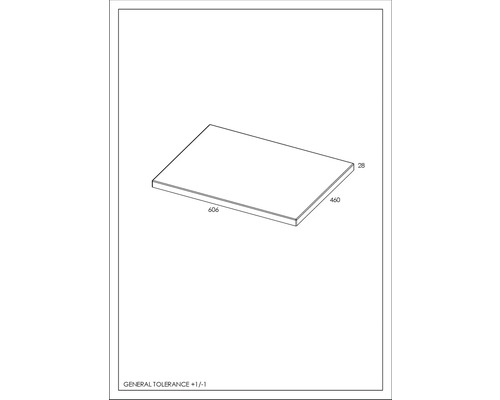 Teknisk ritning av en skiva med måtten 606 x 460 x 28 millimeter