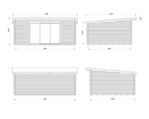 Teknisk ritning av ett trädgårdshus med mått