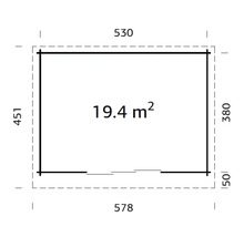 Planritning med mått och en yta på 19.4 kvadratmeter