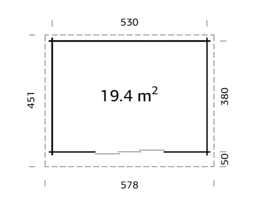 Planritning med måtten 530 gånger 451 centimeter och en yta på 19,4 kvadratmeter
