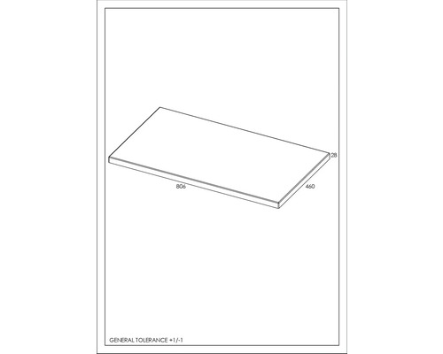 Teknisk ritning av en platta med måtten 806 x 460 x 28 mm
