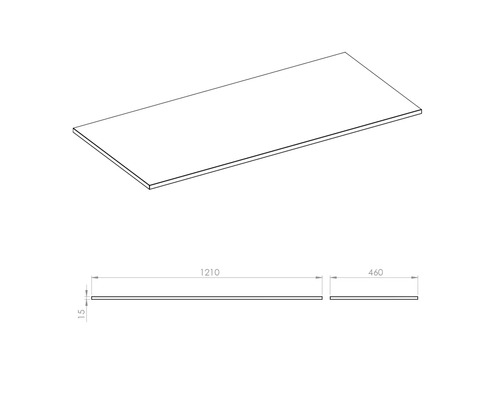Teknisk ritning av en arbetsbänk med måtten 1210 x 460 x 15 millimeter.