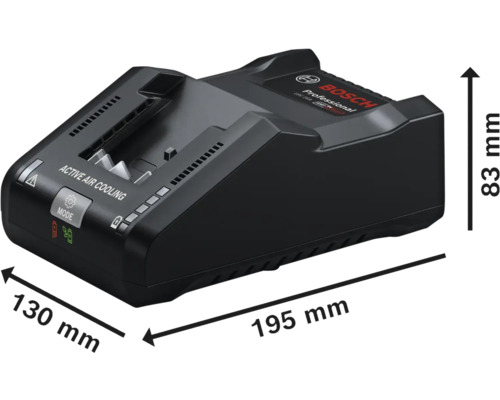 Bosch logotyp Batteriladdare med måtten 130 millimeter gånger 195 millimeter gånger 83 millimeter