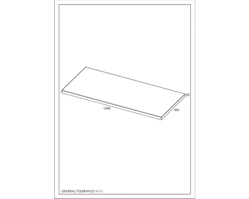 Teknisk ritning av en bänkskiva med måtten 1008 x 460 x 28 millimeter