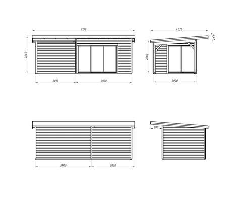 Teknisk ritning av ett trädgårdshus med mått