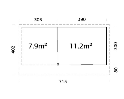 Planlösning med måtten 715 x 402 cm, 7,9 m² och 11,2 m².