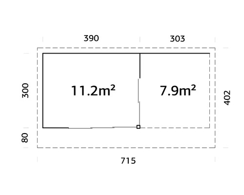 Planritning med måtten 715 x 402 cm, rumsindelning 11,2 m² och 7,9 m²