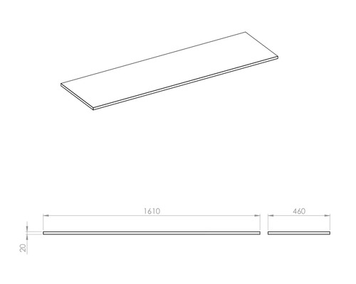 Teknisk ritning av en arbetsbänk med måtten 1610 x 460 x 20 millimeter.