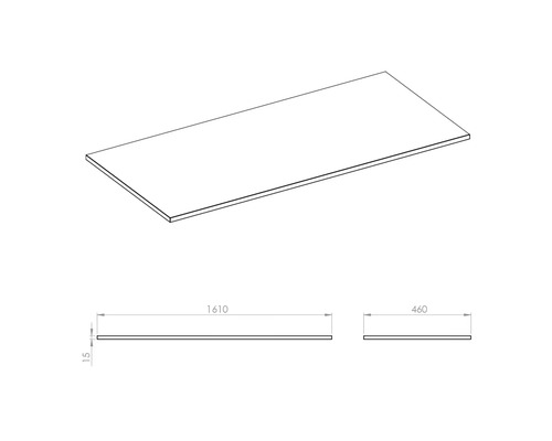 Arbetsbänk med måtten 1610 x 460 x 15 millimeter.