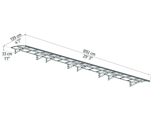 Mått på ett tak: 892 cm längd, 139 cm bredd, 33 cm höjd