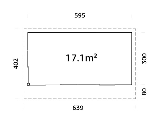 Ritning med måtten 639 gånger 402 centimeter och en yta på 17,1 kvadratmeter
